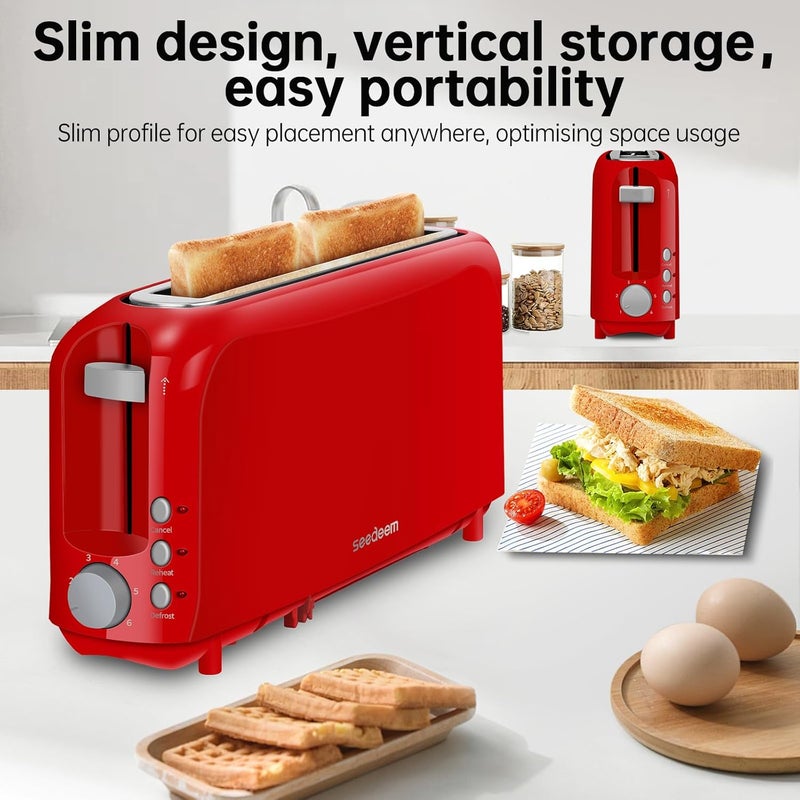 SEEDEEM 2 Slice Slim Toaster, Single 10" Long Slot Toaster Fits Bagels & Artisan Bread, 6 Shade Settings, Cancel/Reheat/Defrost, Removable Crumb Tray, Auto Shut-Off, Red - Image 2